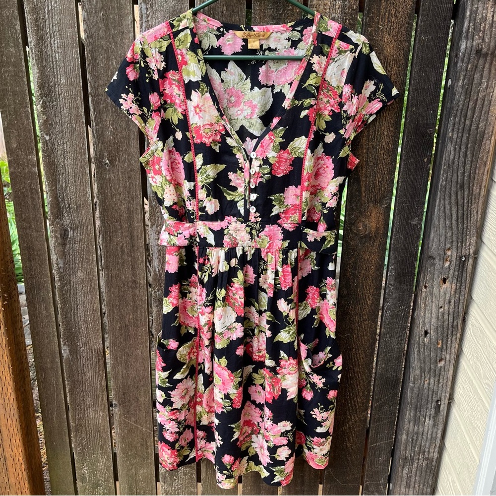 April Cornell Cotton Black Floral Large Patch Pocket Dress In Sz M